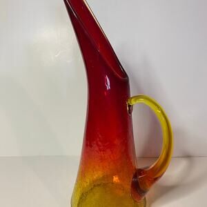 MCM  Crackle Glass Hand Swung Pitcher. Long Spout.